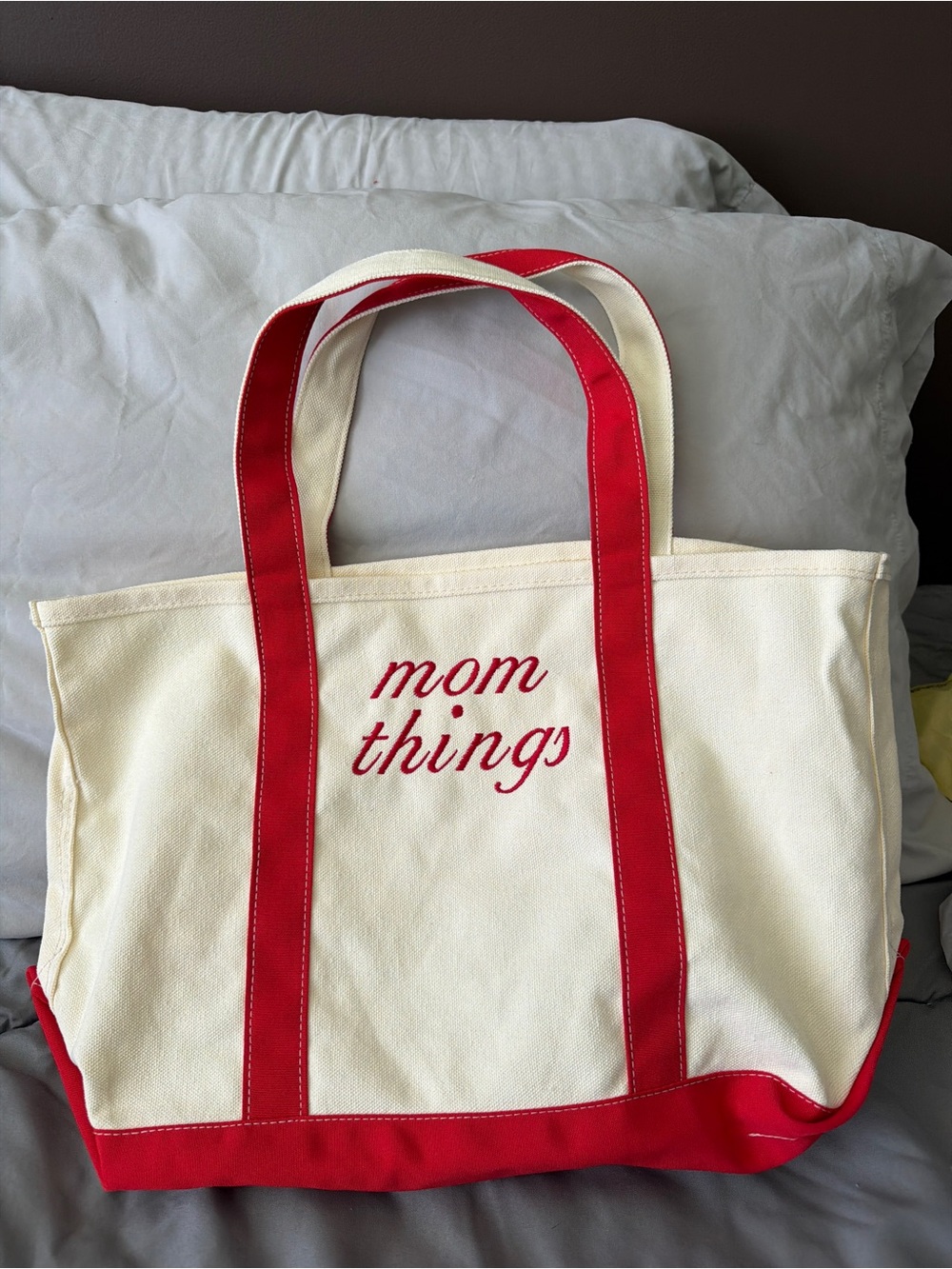 Cream and Red Canvas Tote - "mom things"